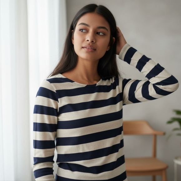 Papermoon Sweaters - Papermoon Striped Navy Blue - Beige Pullover Sweater Womens XS